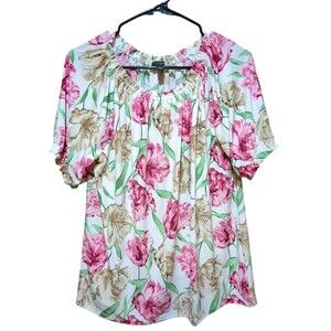 Ann Taylor Women's Pink And White Floral Print Peasant Blouse Medium